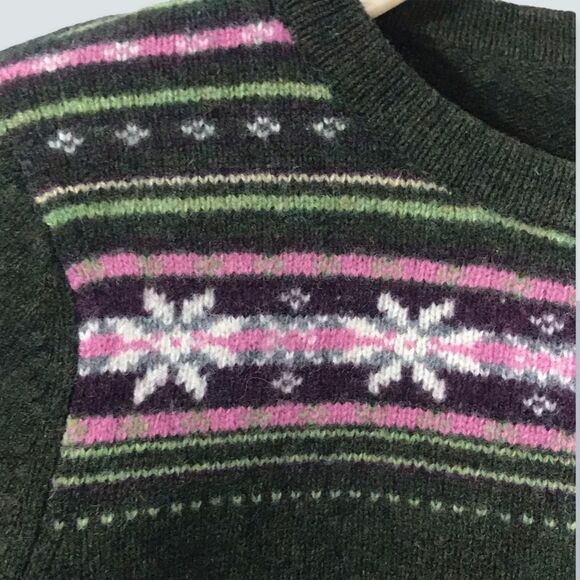 Vintage 90's Wool Crew Neck Sweater Removable White Real Fur Cuffs Green Sz L - Picture 2 of 5